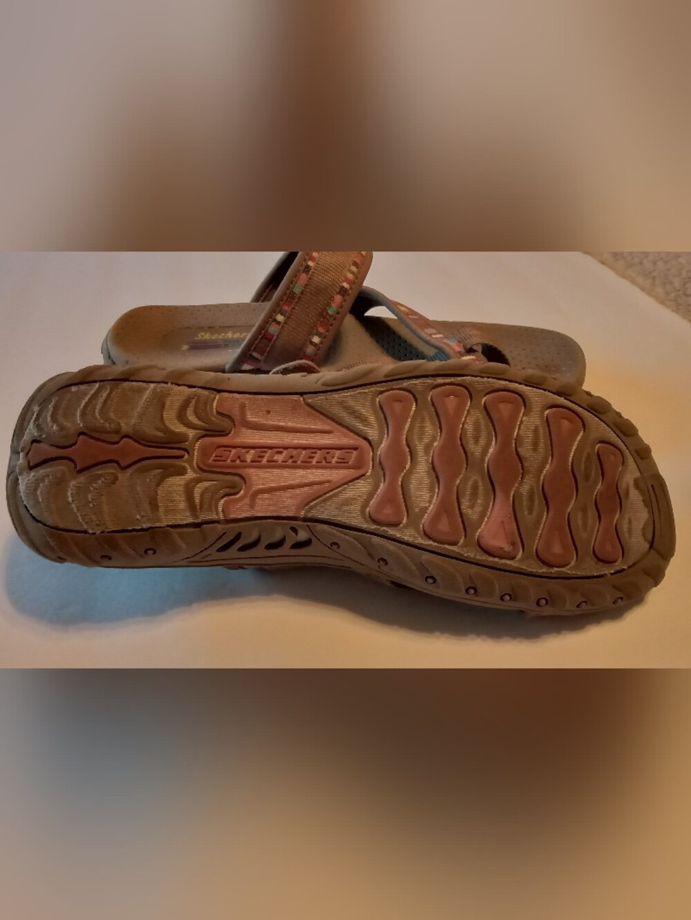 Skechers Brown Strappy Slide Sandals with Multi-Color Trim - Picture 2 of 7